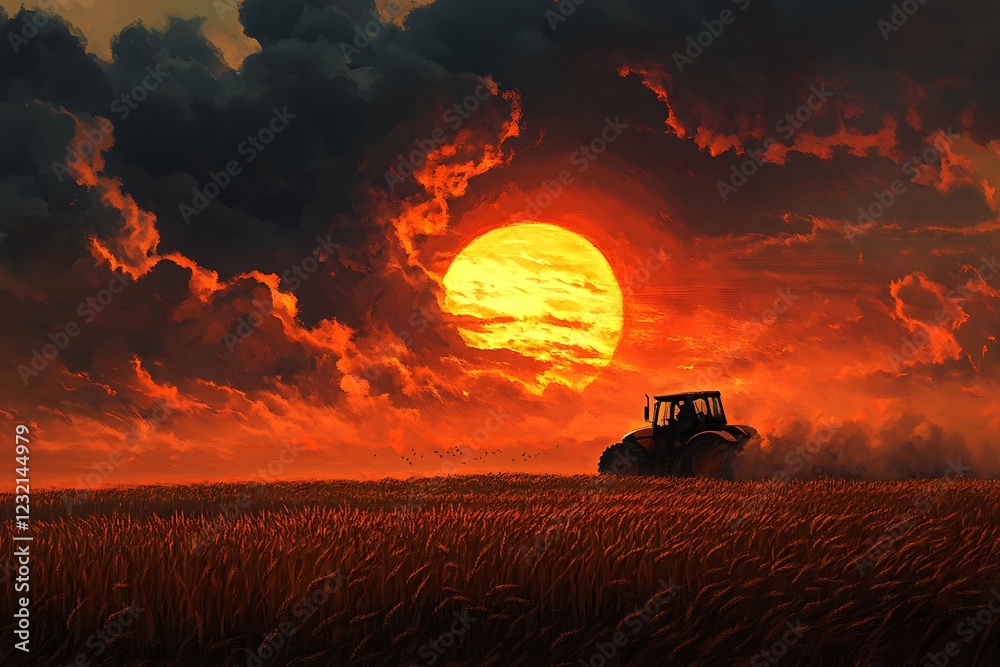 Fototapeta premium Tractor in a Golden Wheat Field at Sunset