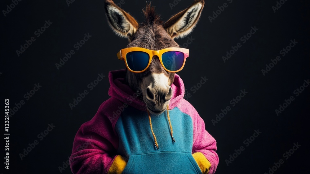 Donkey wearing colorful hoodie and sunglasses posing on black background Donkey wearing colorful hoodie and sunglasses posing on black background