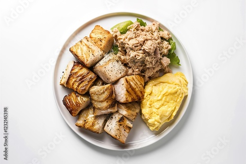 grilled fish chunks on a plate, accompanied by a scrambled egg and a tuna salad