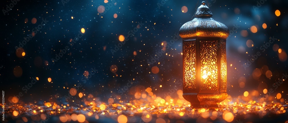 A Glowing Lantern Sits Amidst Sparkling Lights, Creating A Magical, Mystical Atmosphere Perfect For Ramadan Or Other Celebrations. A Glowing Lantern Sits Amidst Sparkling Lights, Creating A Magical, Mystical Atmosphere Perfect For Ramadan Or Other Celebrations.