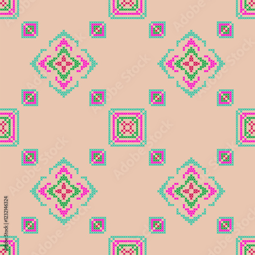 cross stitch ethnic embroidery abstract artwork seamless geometric pattern printed background fabric wallpaper hand drawn line colorful template
