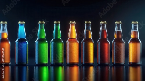A cinematic lineup of multicolored beer bottles glowing on a reflective surface