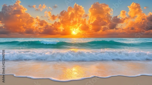 Soft ocean waves gliding towards the shore under a golden twilight.