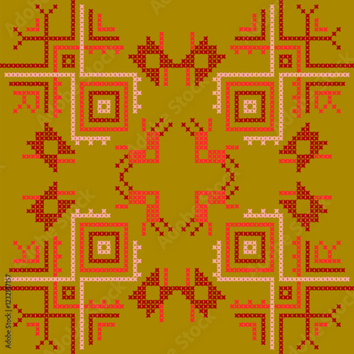 cross stitch ethnic embroidery abstract artwork seamless geometric pattern printed background fabric wallpaper hand drawn line colorful template
