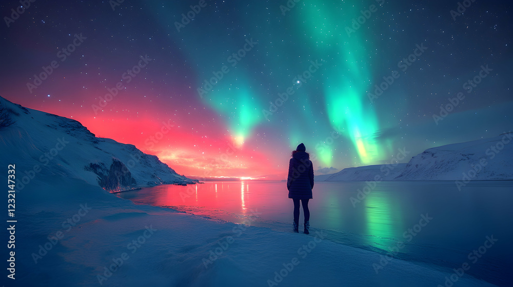 Fototapeta premium Photo - Aurora Borealis Night Sky Winter Landscape Snow Mountain Lake Reflection