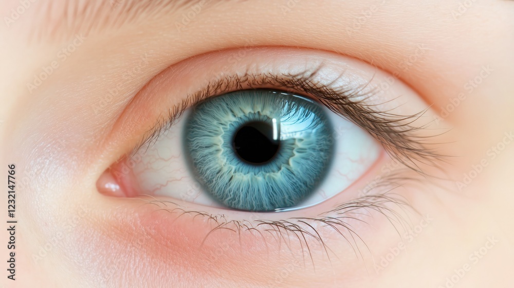 Fototapeta premium Close - up of a human eye with blue iris, eyelashes and visible blood vessels.