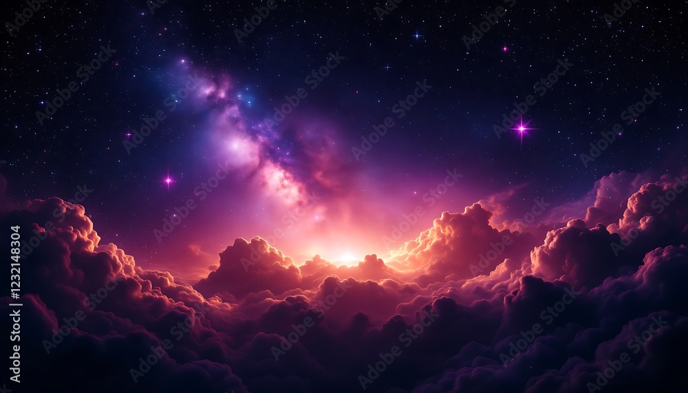 Naklejka premium Stunning Purple Nebula Sunset Above Cloudscape Fantasy Art