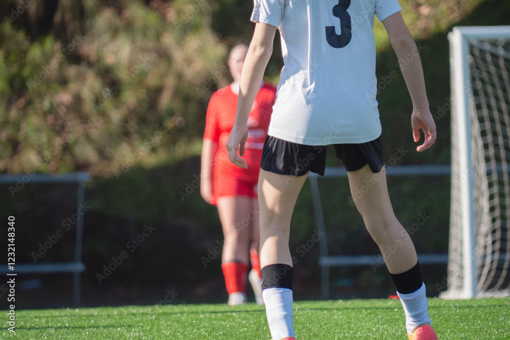 Young athletes participate in a soccer match on a sunny day at a local field with uniformed players and a goal in view Young athletes participate in a soccer match on a sunny day at a local field with uniformed players and a goal in view