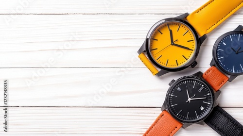 Wallpaper Mural Stylish Wristwatches with Minimalist Design on White Wooden Background Ample Copy Space for Text Torontodigital.ca