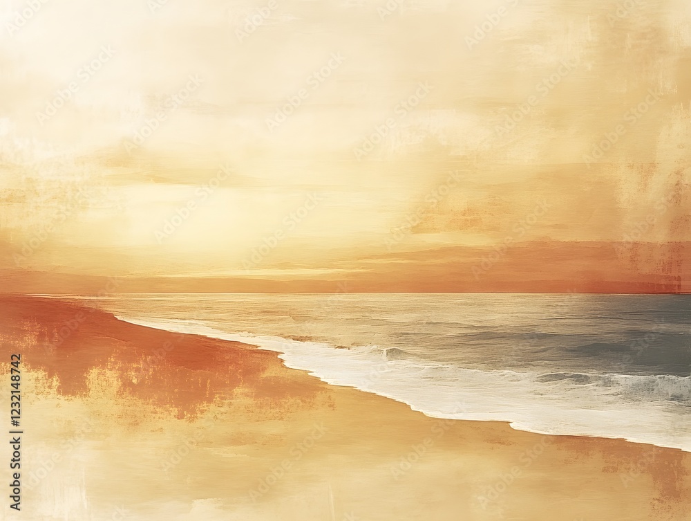 Obraz premium Golden Hour Seascape: A dreamy, watercolor-like image captures the essence of a golden sunset over a tranquil ocean, with gentle waves lapping onto a sandy shore.