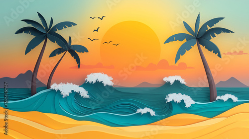 Sunny beach with palm trees and waves with Paper cut out effect