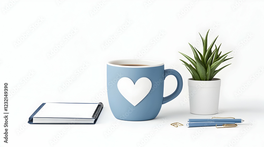 Blue mug, notepad, succulent, pens, white background; perfect for blogs, websites, or social media Blue mug, notepad, succulent, pens, white background; perfect for blogs, websites, or social media