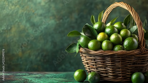 Basket full of organic unripe and ripe Calamansi or kalamansi AKA calamondin or Philippine lime. This food aids digestion and weight loss. Copy space. Selected focus.