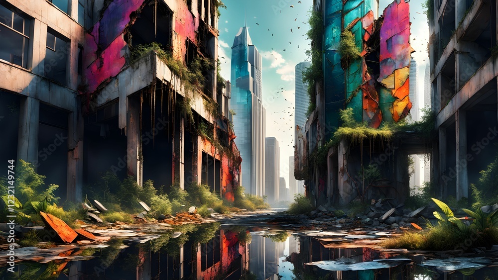 Obraz premium Overgrown, vibrant ruins of a futuristic city street reflect in a stagnant pool, juxtaposing nature's reclamation with remnants of advanced architecture.