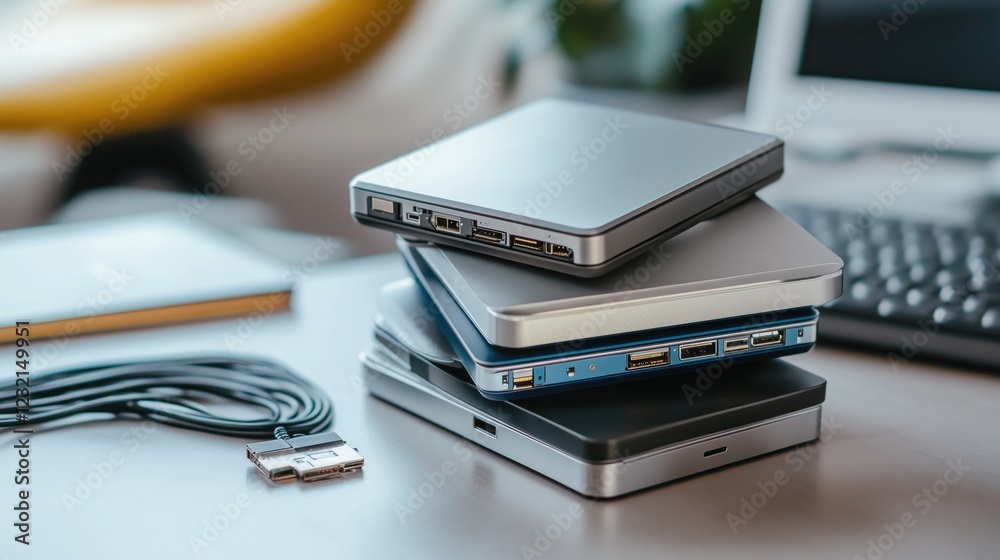 Stack of portable hard - drives with cables on a desk, in a workspace setting. Stack of portable hard - drives with cables on a desk, in a workspace setting.
