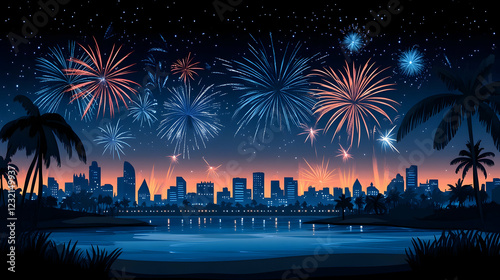 City skyline fireworks display over calm water at night, tropical palm trees, celebratory event background image