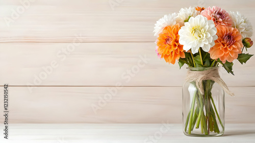 Wallpaper Mural Peach and white dahlias in glass jar, wood background, floral arrangement, greeting card design Torontodigital.ca