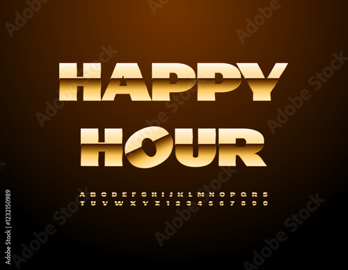 Vector Premium Promo Happy Hour. Elegant Golden Font. Fashion Alphabet Letters and Numbers