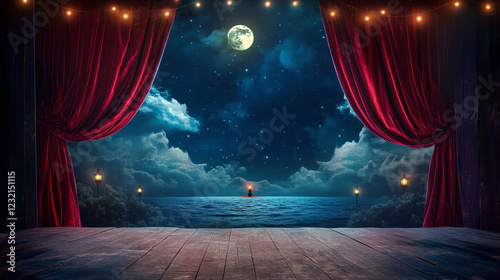 Theater stage with red curtains and decoration beacon, sea waves and moon with clouds. Theatre, music hall, opera, drama interior with wooden scene, velvet drapes, columns, Cartoon vector illustration