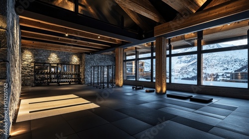 Modern gym with mountain view, wooden beams, stone walls, and yoga mats.