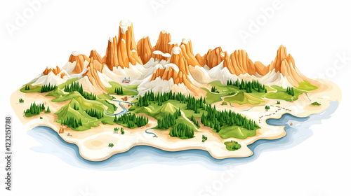 Fantasy island map, snow-capped mountains, rivers, villages, illustration, children's book