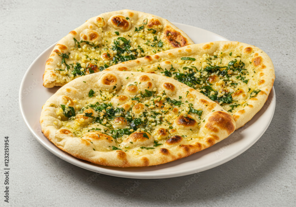 Soft and Warm Indian Naan, Topped with Fragrant Herbs and Garlic, Perfectly Placed on a Plate Soft and Warm Indian Naan, Topped with Fragrant Herbs and Garlic, Perfectly Placed on a Plate