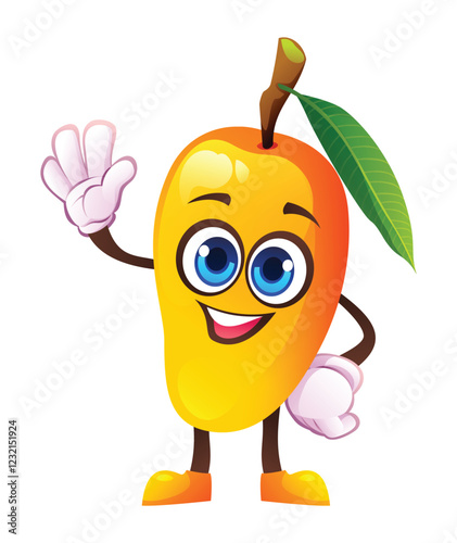 Cute mango character waving happily. Vector cartoon illustration