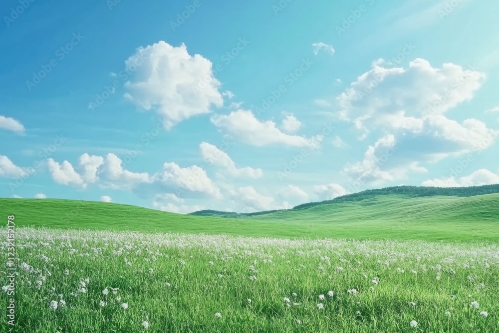 Obraz premium Field of Grass and Flowers Under Blue Sky