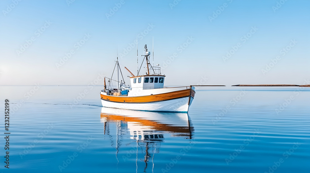 Fishing boat sailing calm sea, coastal background, sunrise, nautical imagery Fishing boat sailing calm sea, coastal background, sunrise, nautical imagery