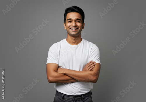 Happy Young Indian Man Smiling with Crossed Arms, Standing Confidently Against a Neutral Grey Backdrop