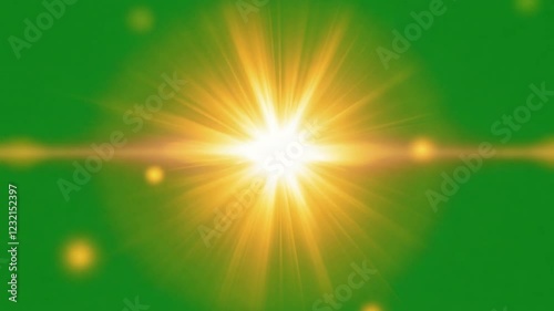 Green Screen Sunburst: A vibrant, golden sunburst explodes against a bright green screen, perfect for compositing and adding a radiant, energetic effect to your projects.