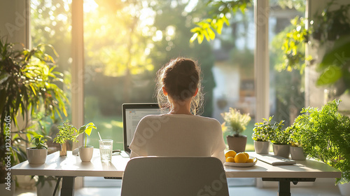 Modernes Home Office mit natürlichem Licht, gesunder Arbeitsweise und produktiver Atmosphäre. Generative AI KI