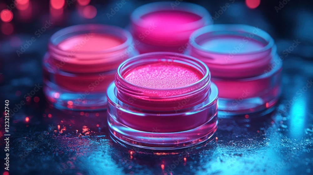 Neon makeup, jars, glitter, dark, bokeh, studio, beauty, product, advertisement Neon makeup, jars, glitter, dark, bokeh, studio, beauty, product, advertisement