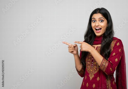 Excited Indian Woman Gesturing to the Side, Ready to Share Information or Announce Something in a Fun and Lively Way