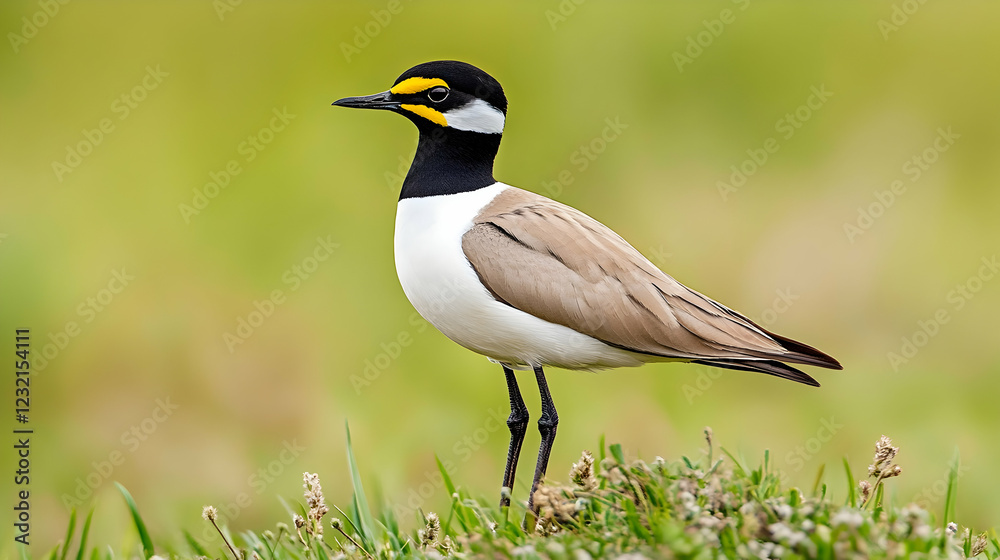 Masked Lapwing bird, standing in grassy field, blurred green background, nature photography Masked Lapwing bird, standing in grassy field, blurred green background, nature photography