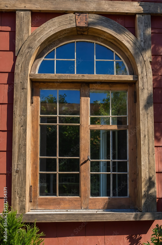 A rustic wooden window with an arched top, set in a red building. The weathered wood and classic design create a charming architectural detail. A rustic wooden window with an arched top, set in a red building. The weathered wood and classic design create a charming architectural detail.