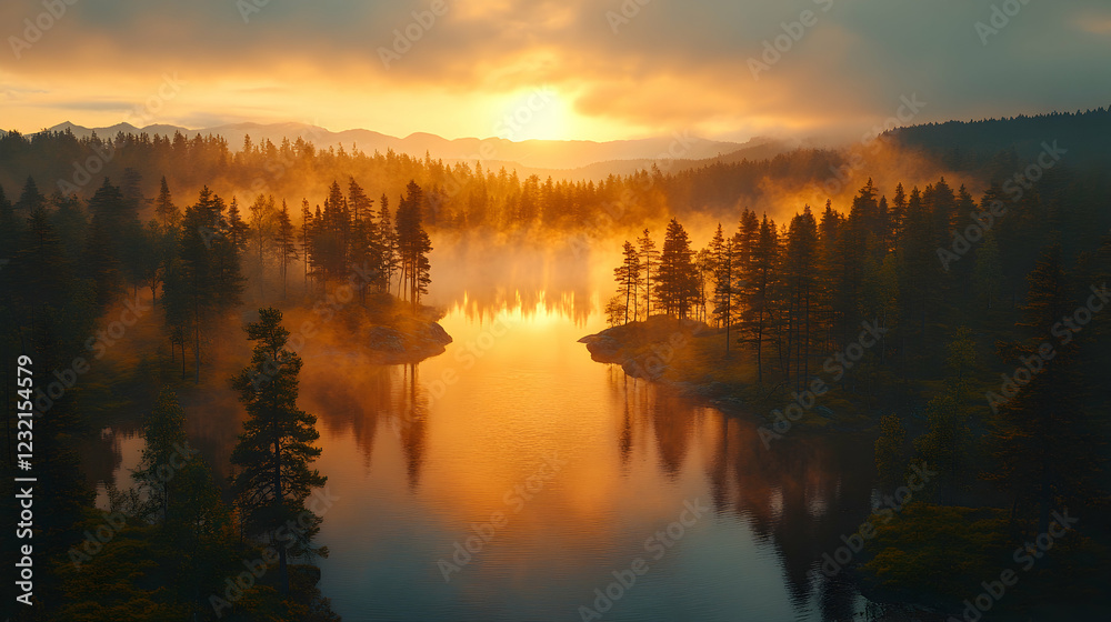 Fototapeta premium Sunrise Lake Forest Landscape Photo - Golden Hour, Mist, Nature, Reflection, Trees, Water, Wilderness, Tranquility, Scenery