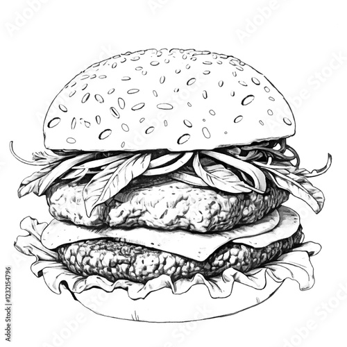 Burger engraving style art. Grilled Hamburger fast food vector sketch illustration on white background