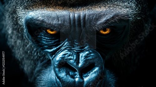 Close up portrait of a gorilla staring intensely with bright orange eyes, creating a dramatic contrast against the dark background, conveying power and mystery