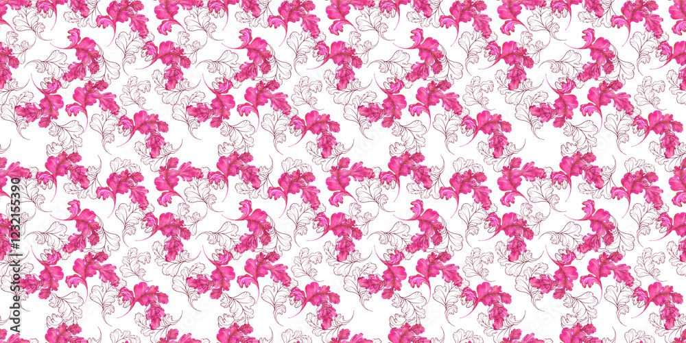Watercolor seamless pattern with stylized pink and gold abstract acanthus leaves Watercolor seamless pattern with stylized pink and gold abstract acanthus leaves
