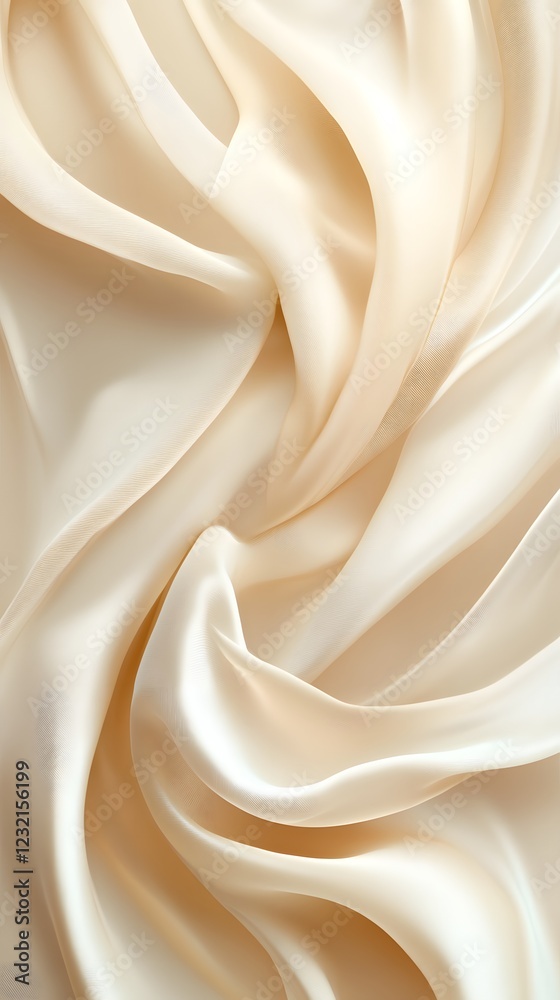 Fototapeta premium Creamy Silk Drapery: A luxurious, soft, and smooth texture of ivory silk fabric. Draped into a graceful swirl, it creates a captivating, elegant, and timeless backdrop.
