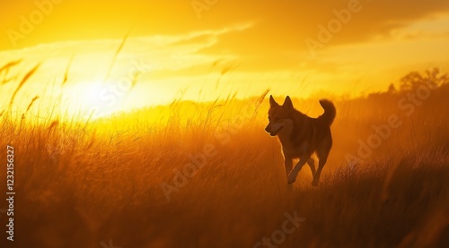 a dingo running through tall grass at sunset during golden hour. Copy space available for text or design elements