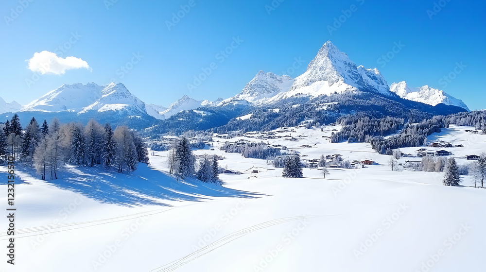 Fototapeta premium Snowy Alps mountain range winter landscape, village in valley. Perfect for travel brochures