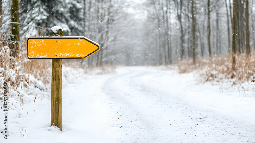 Snowy forest path with blank yellow arrow sign; winter wonderland scene; travel, navigation concept Snowy forest path with blank yellow arrow sign; winter wonderland scene; travel, navigation concept