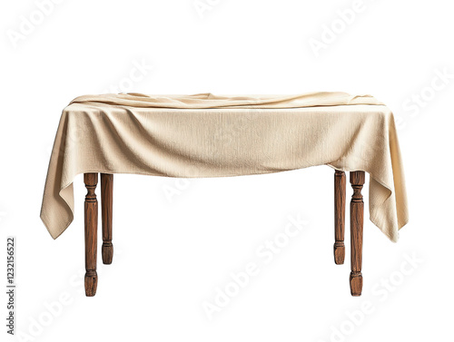 Table covered with a beige cloth in a simple indoor setting with natural light and minimal decor