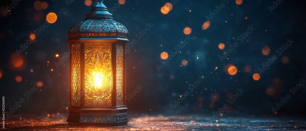 A Beautifully Ornate Lantern Glows Warmly Against A Dark, Bokeh-Filled Background, Evoking A Sense Of Mystery And Peace. A Beautifully Ornate Lantern Glows Warmly Against A Dark, Bokeh-Filled Background, Evoking A Sense Of Mystery And Peace.
