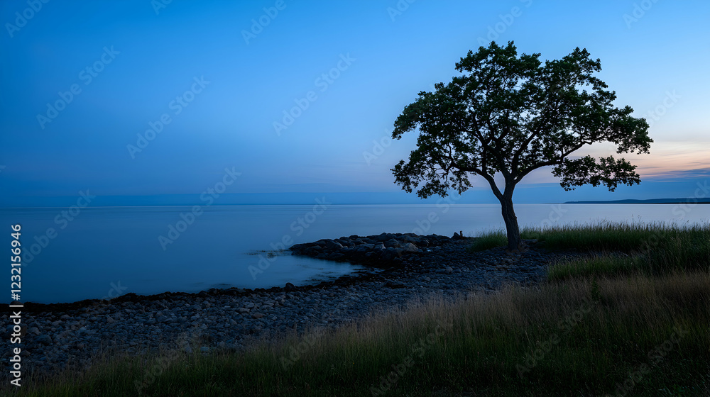 Solitary tree silhouetted at tranquil lakeside sunset; peaceful nature scene for travel brochures Solitary tree silhouetted at tranquil lakeside sunset; peaceful nature scene for travel brochures