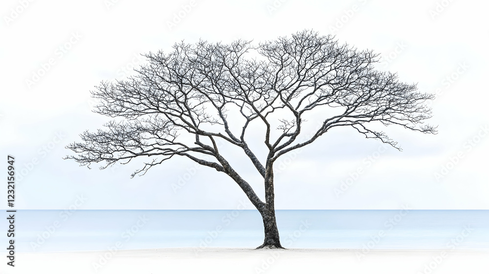 Solitary leafless tree on beach, calm ocean background; nature, serenity, peace