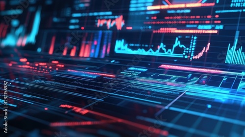 A 3D futuristic holographic interface displaying stock market data, fintech innovation, high-tech, isolated on white background. 