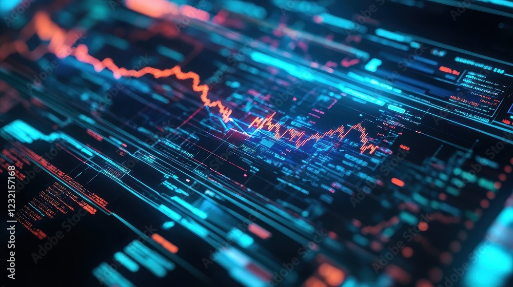 Fototapeta premium A 3D futuristic holographic interface displaying stock market data, fintech innovation, high-tech, isolated on white background. 
